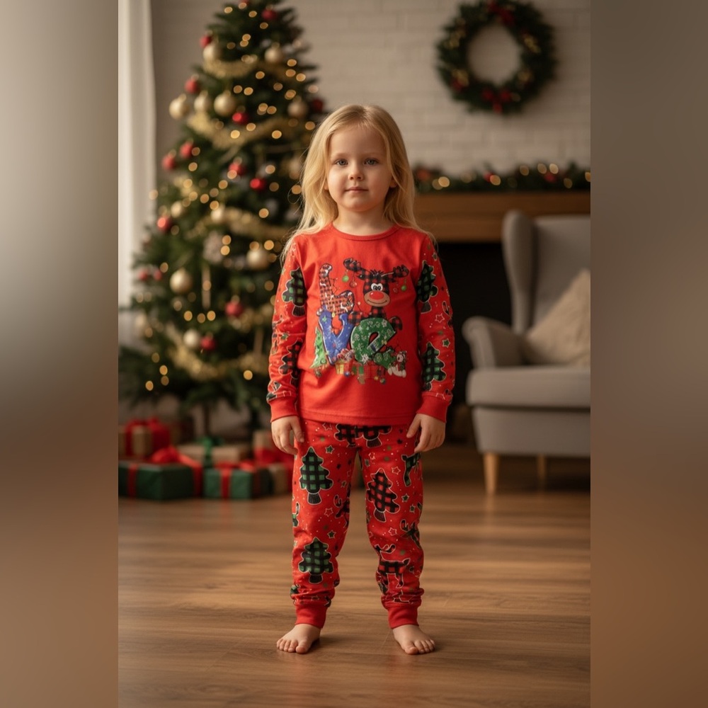 Kids Christmas Pajama Set – Size 5–6Y – Red Holiday PJs